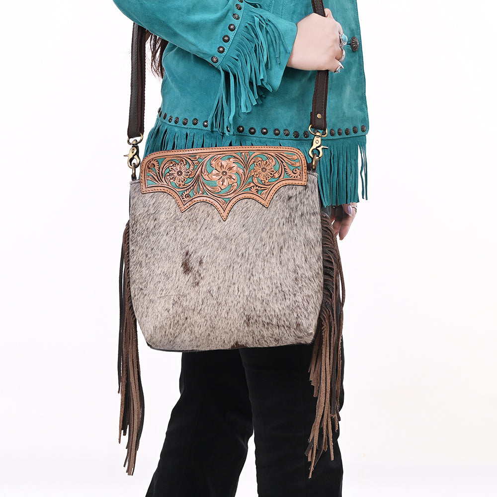 SKBA116 Large Crossbody Hand Tooled Saddle Leather and Upcycled Canvas Ladies Bag 13.5x12.5   KBA