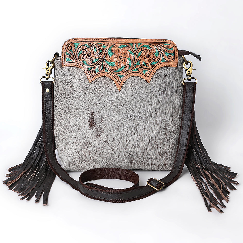 SKBA116 Large Crossbody Hand Tooled Saddle Leather and Upcycled Canvas Ladies Bag 13.5x12.5   KBA