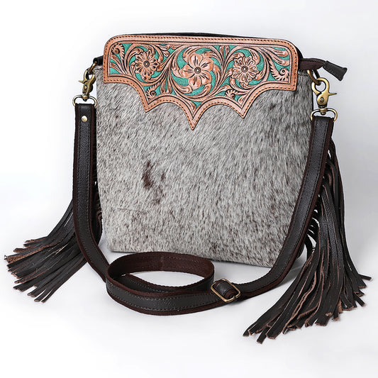 SKBA116 Large Crossbody Hand Tooled Saddle Leather and Upcycled Canvas Ladies Bag 13.5x12.5   KBA