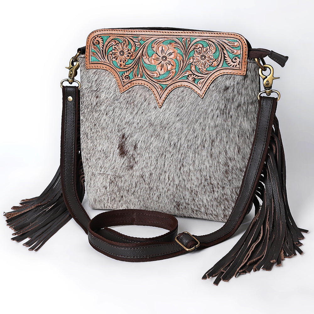 SKBA116 Large Crossbody Hand Tooled Saddle Leather and Upcycled Canvas Ladies Bag 13.5x12.5   KBA