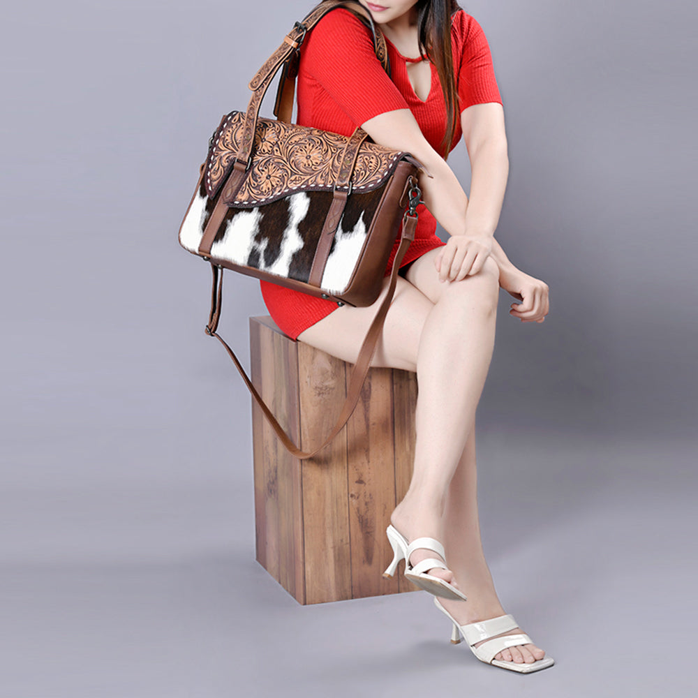 ADBG1206 American Darling Western Hair-On Cowhide Tote Bag with Hand-Tooled Leather & Floral Carved Strap