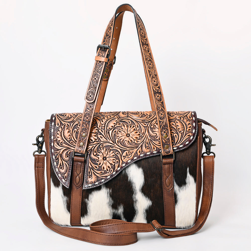 ADBG1206 American Darling Western Hair-On Cowhide Tote Bag with Hand-Tooled Leather & Floral Carved Strap