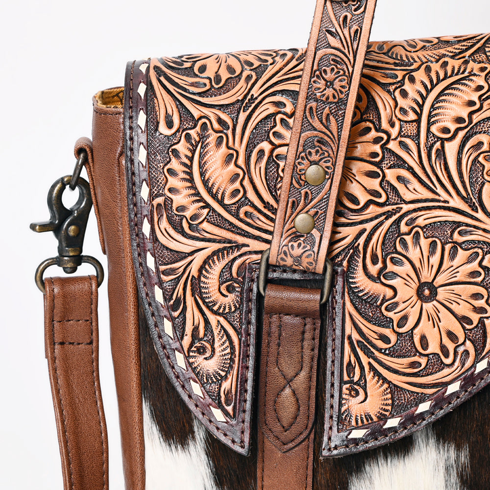 ADBG1206 American Darling Western Hair-On Cowhide Tote Bag with Hand-Tooled Leather & Floral Carved Strap