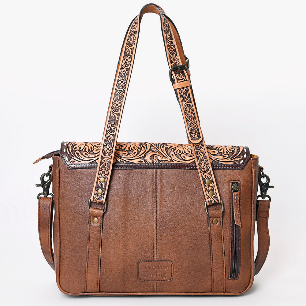ADBG1206 American Darling Western Hair-On Cowhide Tote Bag with Hand-Tooled Leather & Floral Carved Strap