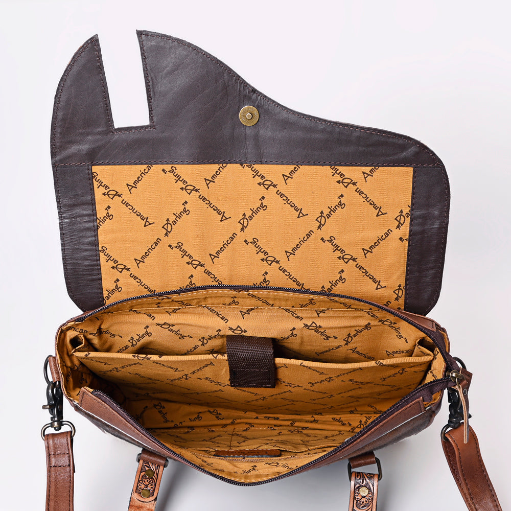ADBG1206 American Darling Western Hair-On Cowhide Tote Bag with Hand-Tooled Leather & Floral Carved Strap