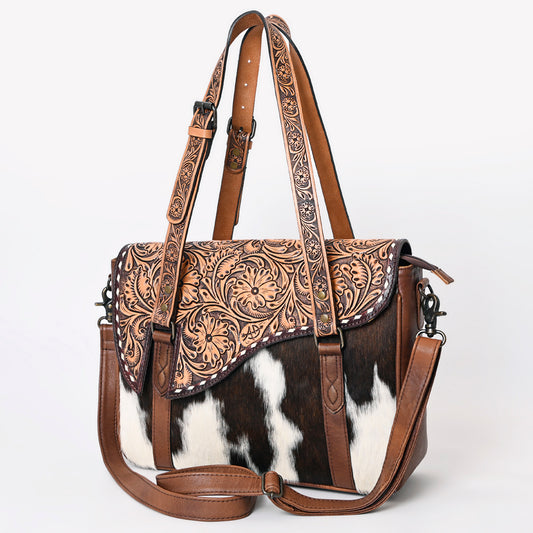ADBG1206 American Darling Western Hair-On Cowhide Tote Bag with Hand-Tooled Leather & Floral Carved Strap