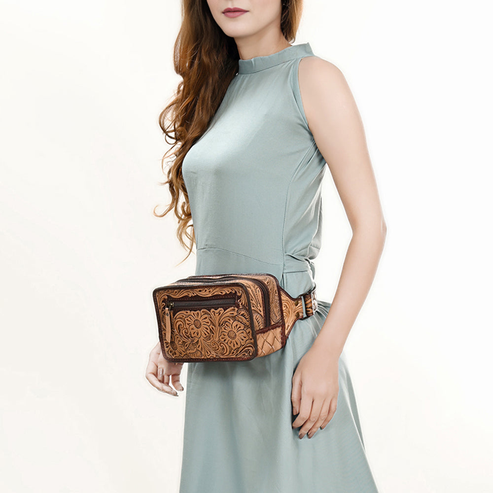ADBG1208 American Darling Western Hand-Tooled Leather Fanny Pack | Floral Carved Genuine Leather Waist Bag