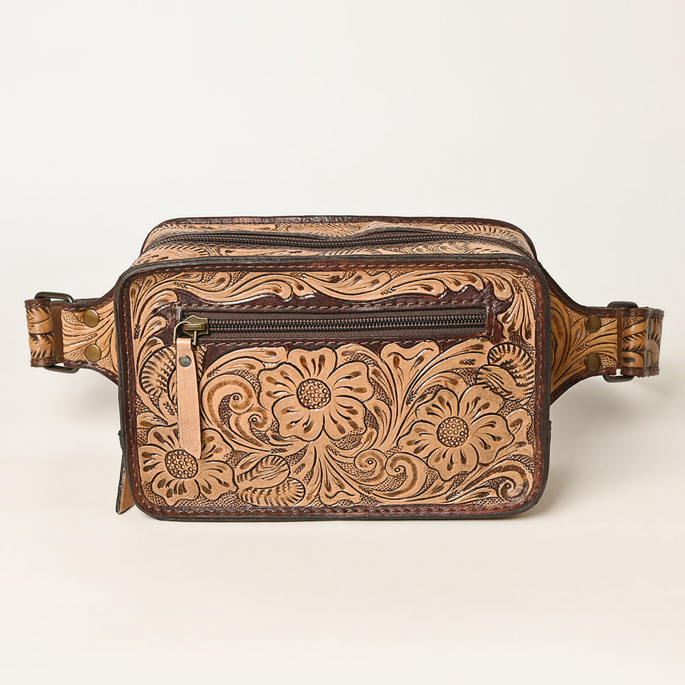 ADBG1208 American Darling Western Hand-Tooled Leather Fanny Pack | Floral Carved Genuine Leather Waist Bag