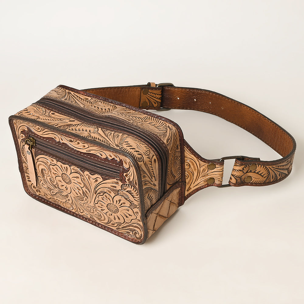 ADBG1208 American Darling Western Hand-Tooled Leather Fanny Pack | Floral Carved Genuine Leather Waist Bag