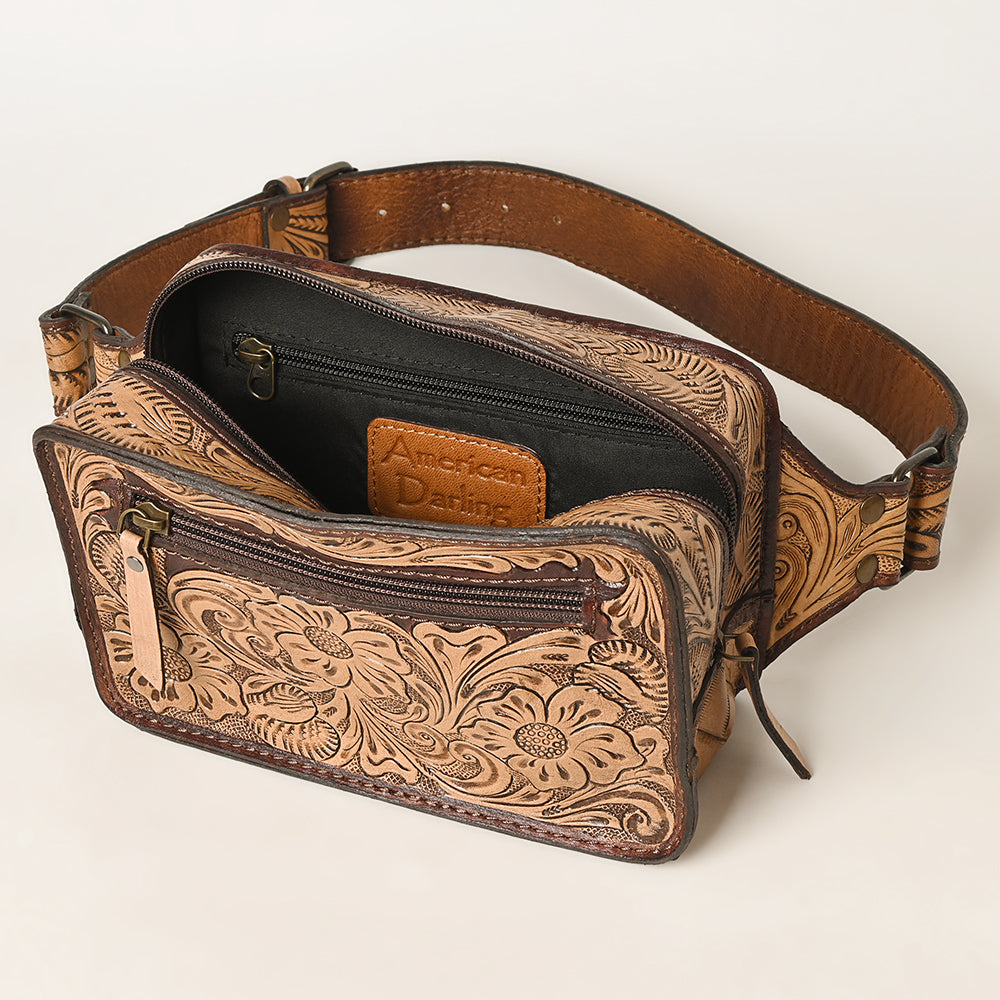 ADBG1208 American Darling Western Hand-Tooled Leather Fanny Pack | Floral Carved Genuine Leather Waist Bag