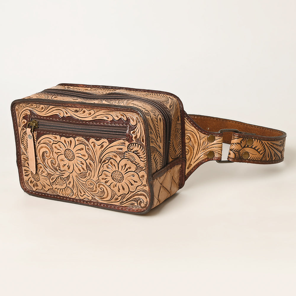 ADBG1208 American Darling Western Hand-Tooled Leather Fanny Pack | Floral Carved Genuine Leather Waist Bag