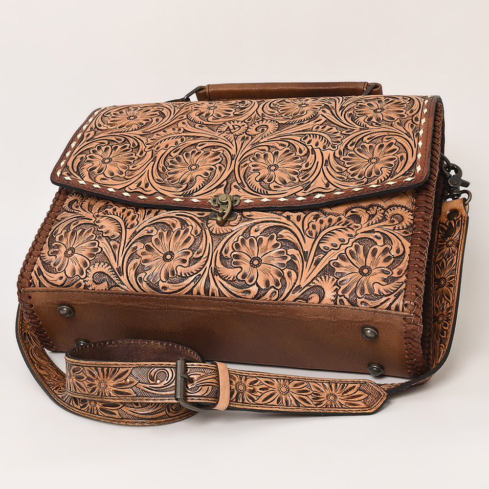 ADBG1210 American Darling Western Hand-Tooled Leather Briefcase Bag | Floral Carved Genuine Leather Work Tote
