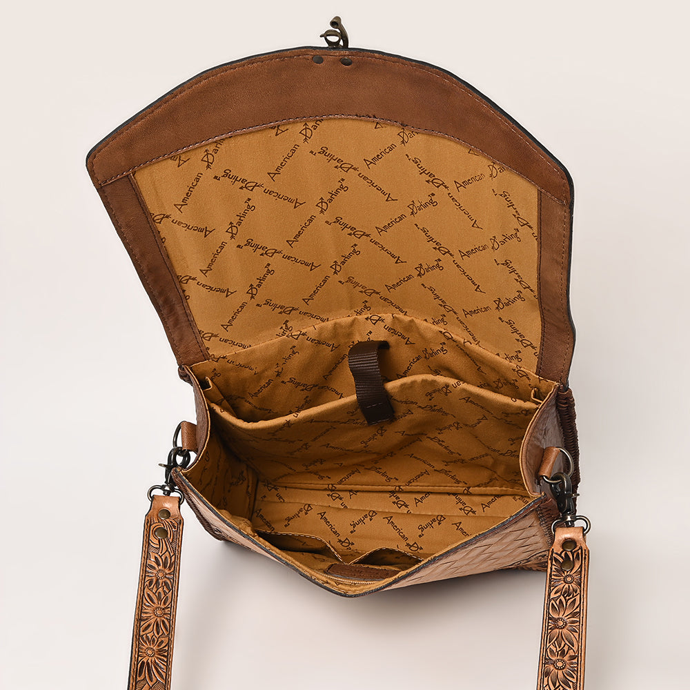 ADBG1210 American Darling Western Hand-Tooled Leather Briefcase Bag | Floral Carved Genuine Leather Work Tote