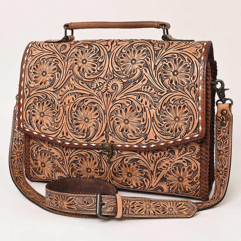 ADBG1210 American Darling Western Hand-Tooled Leather Briefcase Bag | Floral Carved Genuine Leather Work Tote