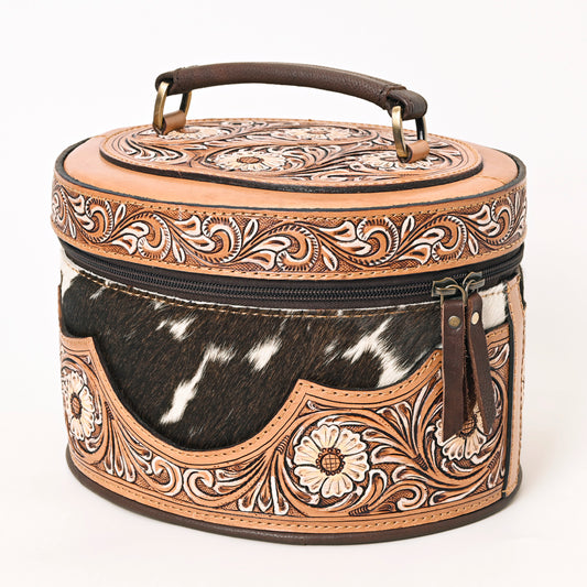 ADBGA416 Oval Hair-On Hide Jewelry Case Hand Tooled Western Leather Organizer