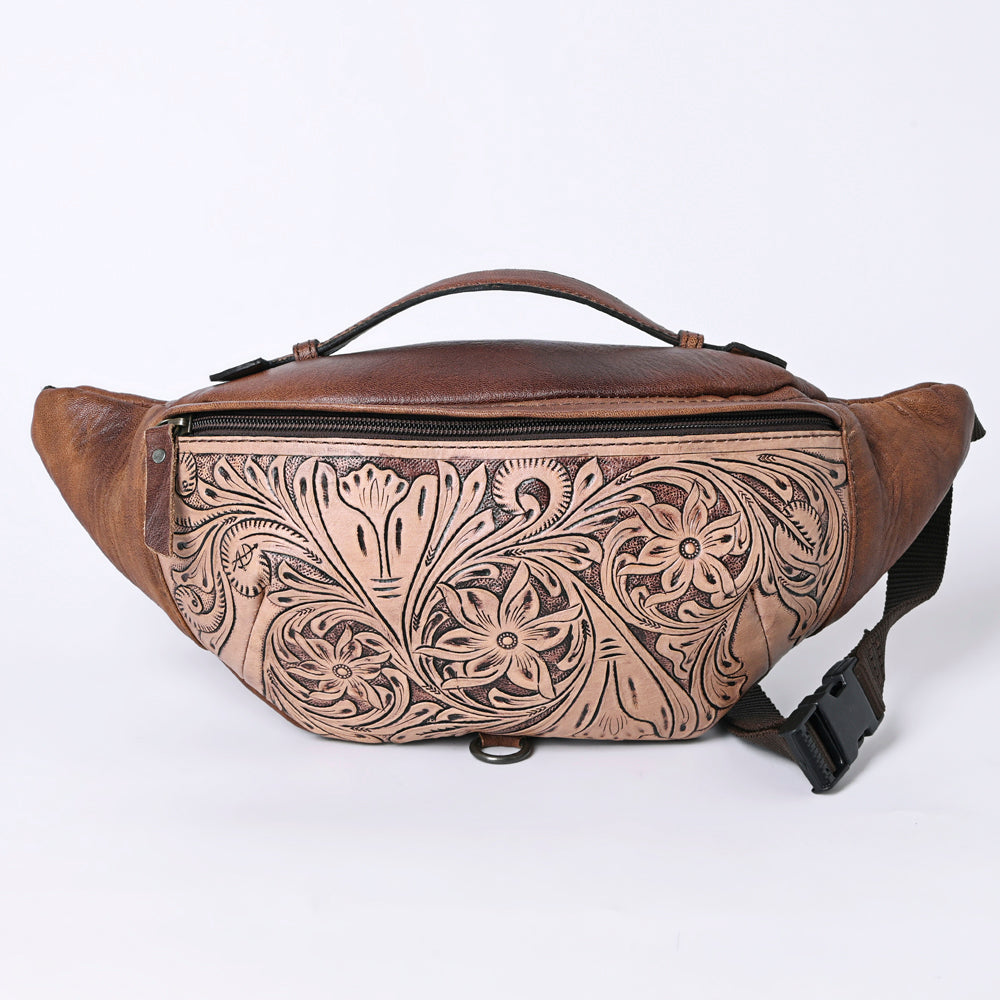 ADBG1211 American Darling Western Hand-Tooled Leather Fanny Pack - Floral Carved Genuine Leather Belt Bag