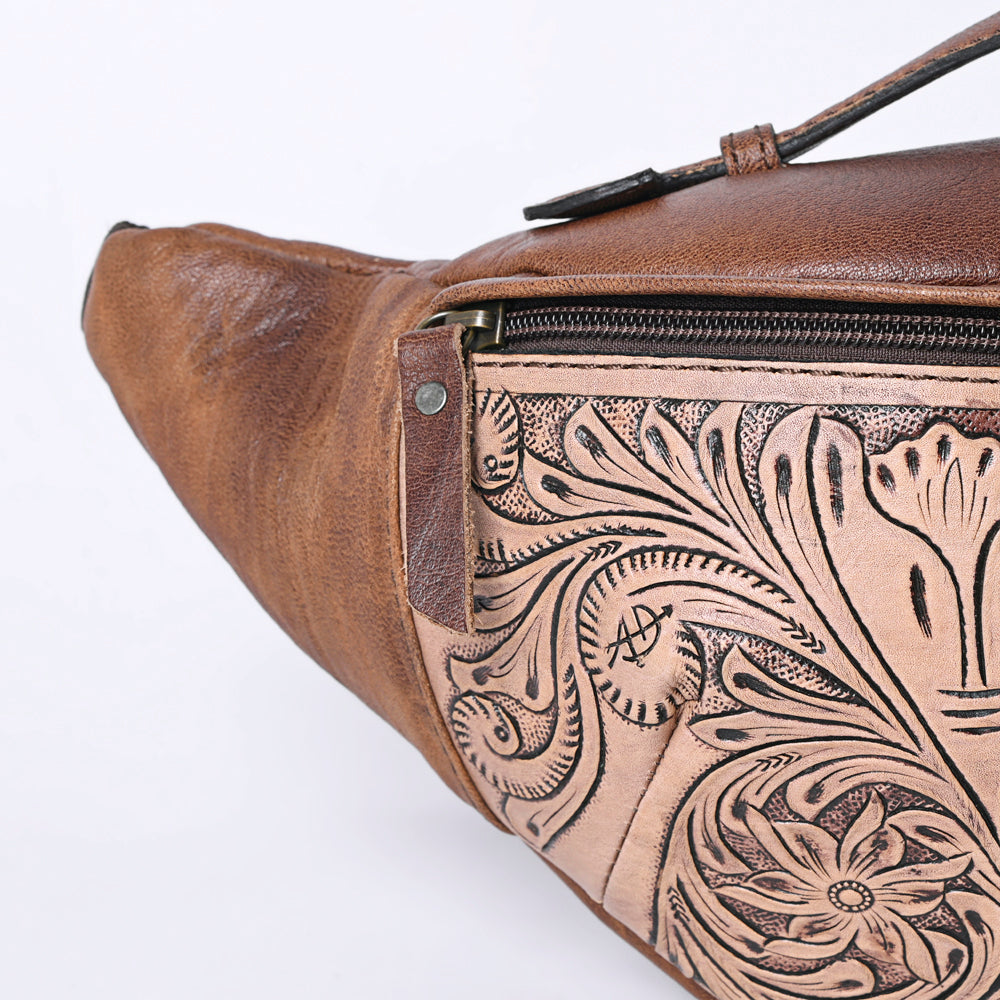ADBG1211 American Darling Western Hand-Tooled Leather Fanny Pack - Floral Carved Genuine Leather Belt Bag