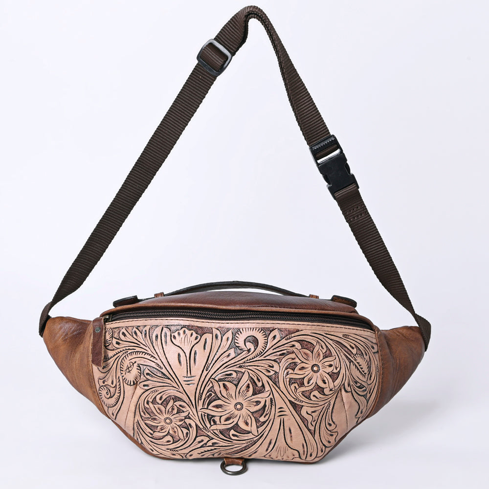 ADBG1211 American Darling Western Hand-Tooled Leather Fanny Pack - Floral Carved Genuine Leather Belt Bag