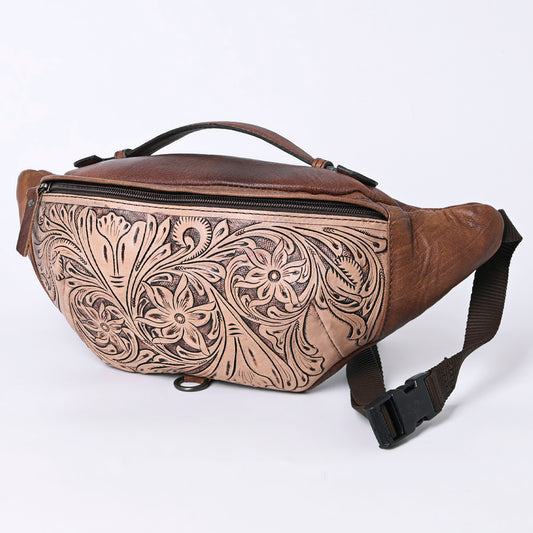 ADBG1211 American Darling Western Hand-Tooled Leather Fanny Pack - Floral Carved Genuine Leather Belt Bag