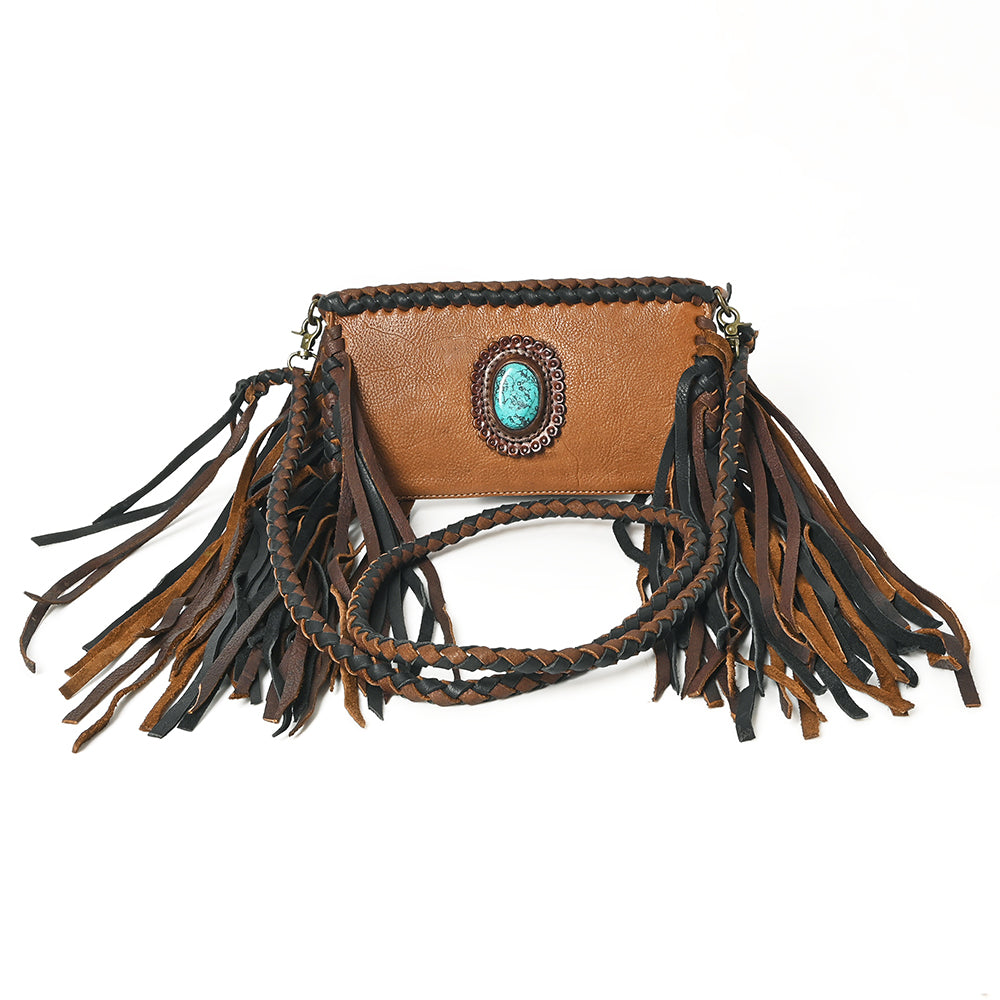 ADBGM277 Mini Fringe Crossbody - Braided Leather & Turquoise Concho