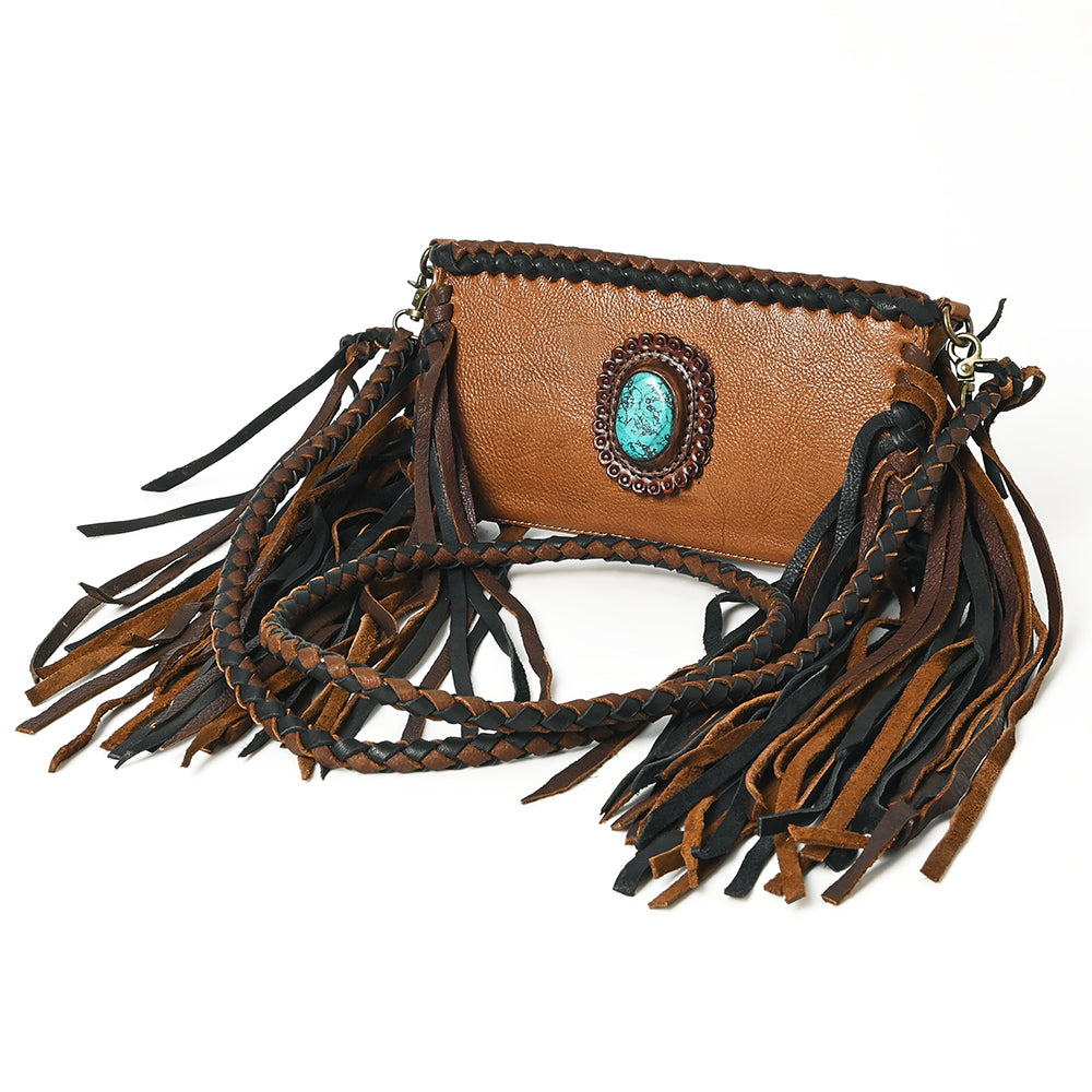 ADBGM277 Mini Fringe Crossbody - Braided Leather & Turquoise Concho