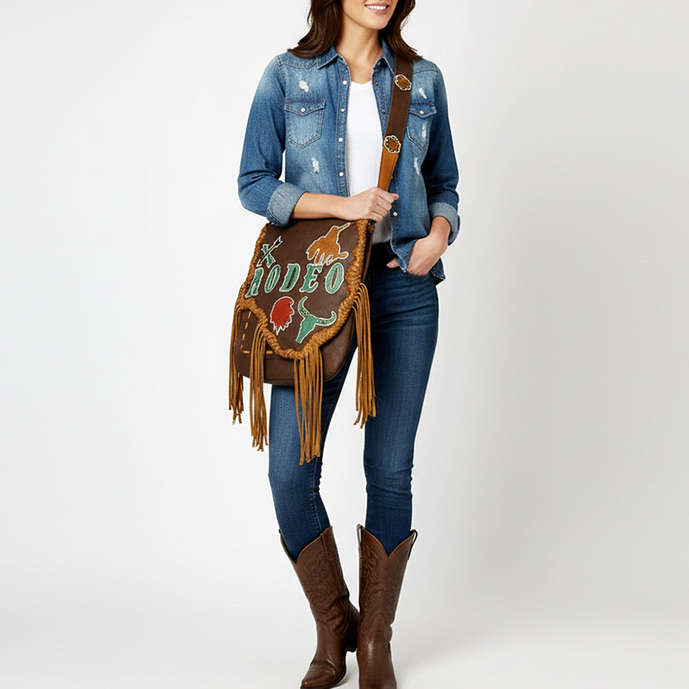 ADBGM351 Western Rodeo Leather Messenger Bag with Fringe & Tooled Motifs - Cowgirl Messenger Saddle Purse