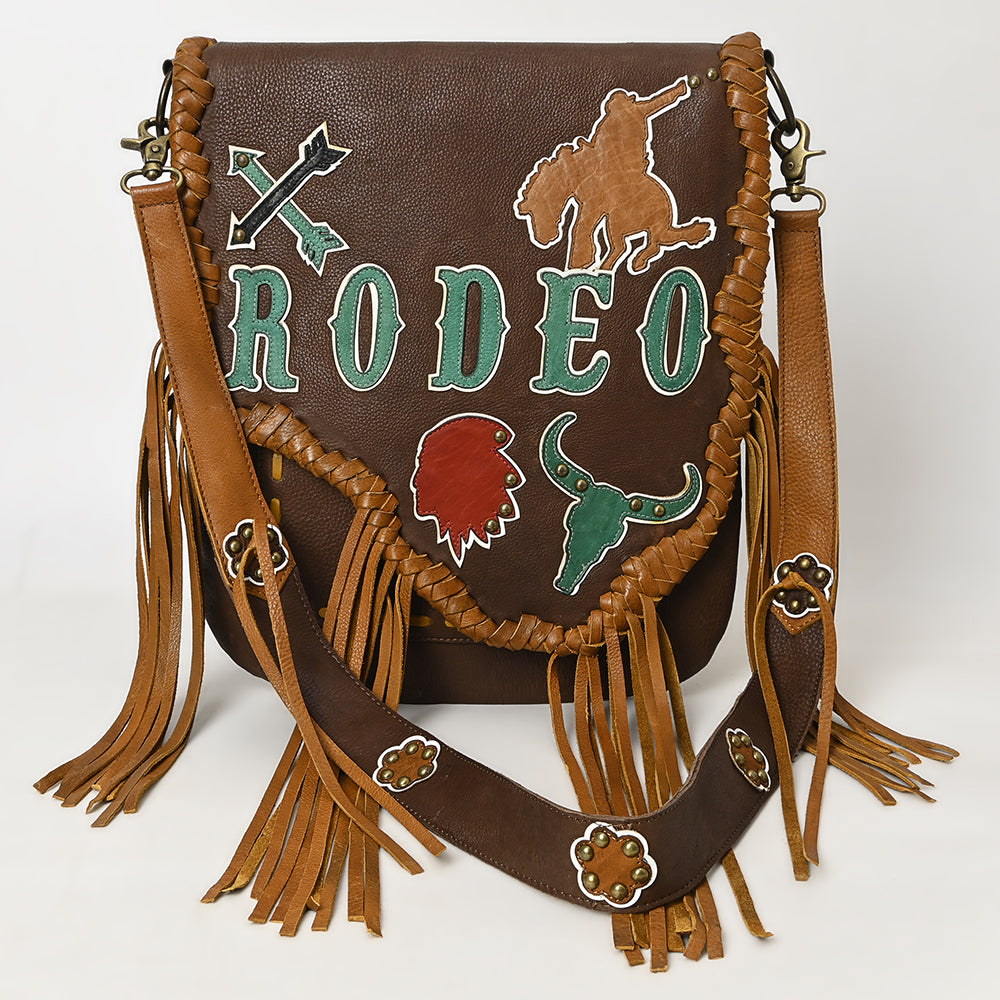 ADBGM351 Western Rodeo Leather Messenger Bag with Fringe & Tooled Motifs - Cowgirl Messenger Saddle Purse