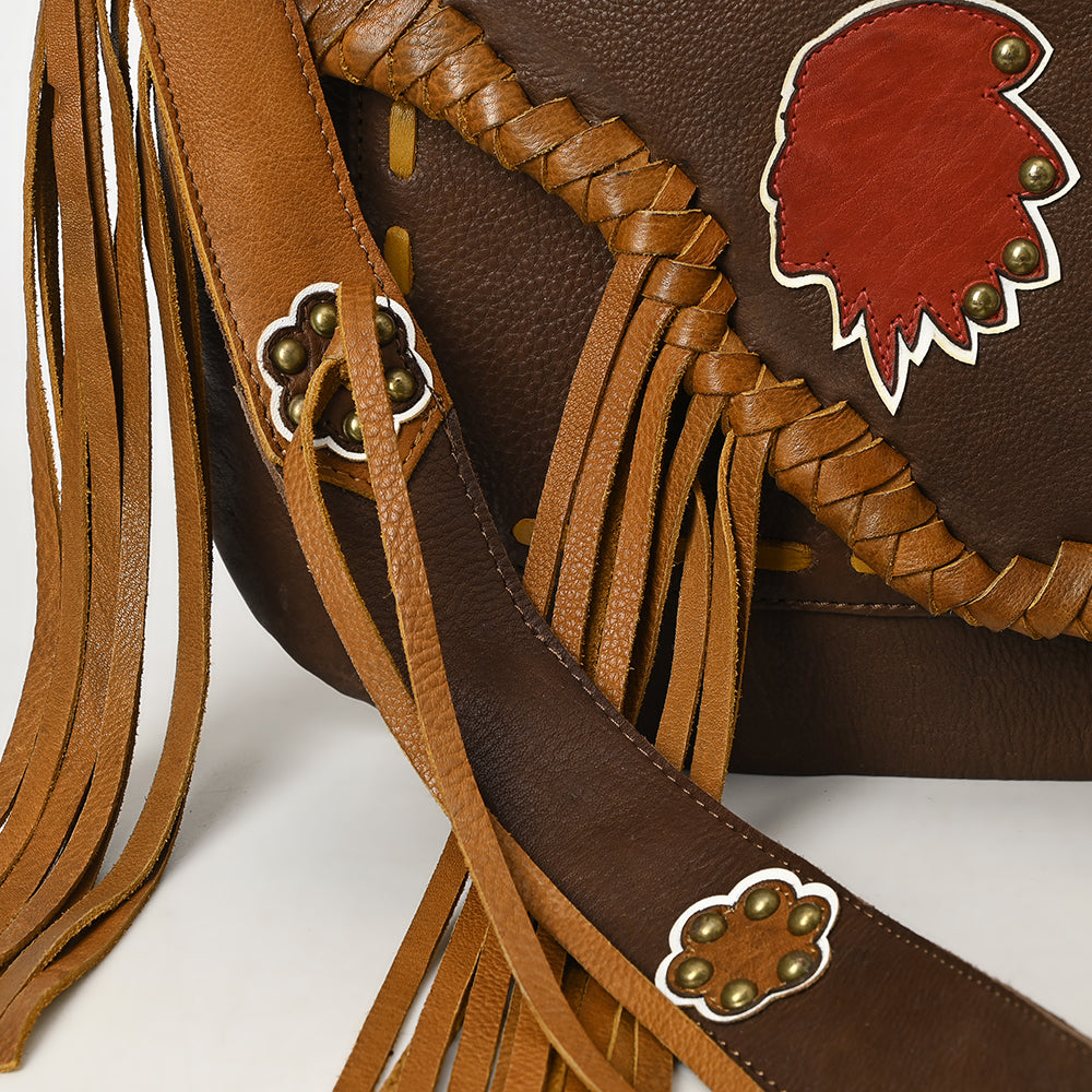ADBGM351 Western Rodeo Leather Messenger Bag with Fringe & Tooled Motifs - Cowgirl Messenger Saddle Purse