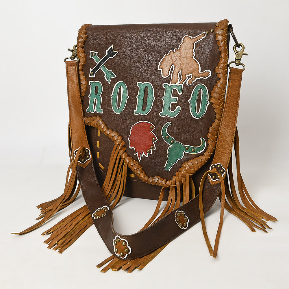 ADBGM351 Western Rodeo Leather Messenger Bag with Fringe & Tooled Motifs - Cowgirl Messenger Saddle Purse