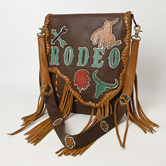 ADBGM351 Western Rodeo Leather Messenger Bag with Fringe & Tooled Motifs - Cowgirl Messenger Saddle Purse