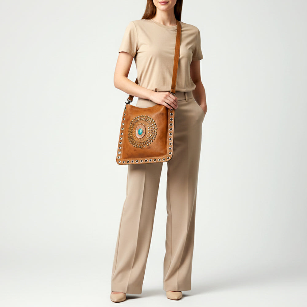 ADBGM353 Leather Crossbody Bag with Studded Circle & Turquoise Concho - Western Grommet Shoulder Purse