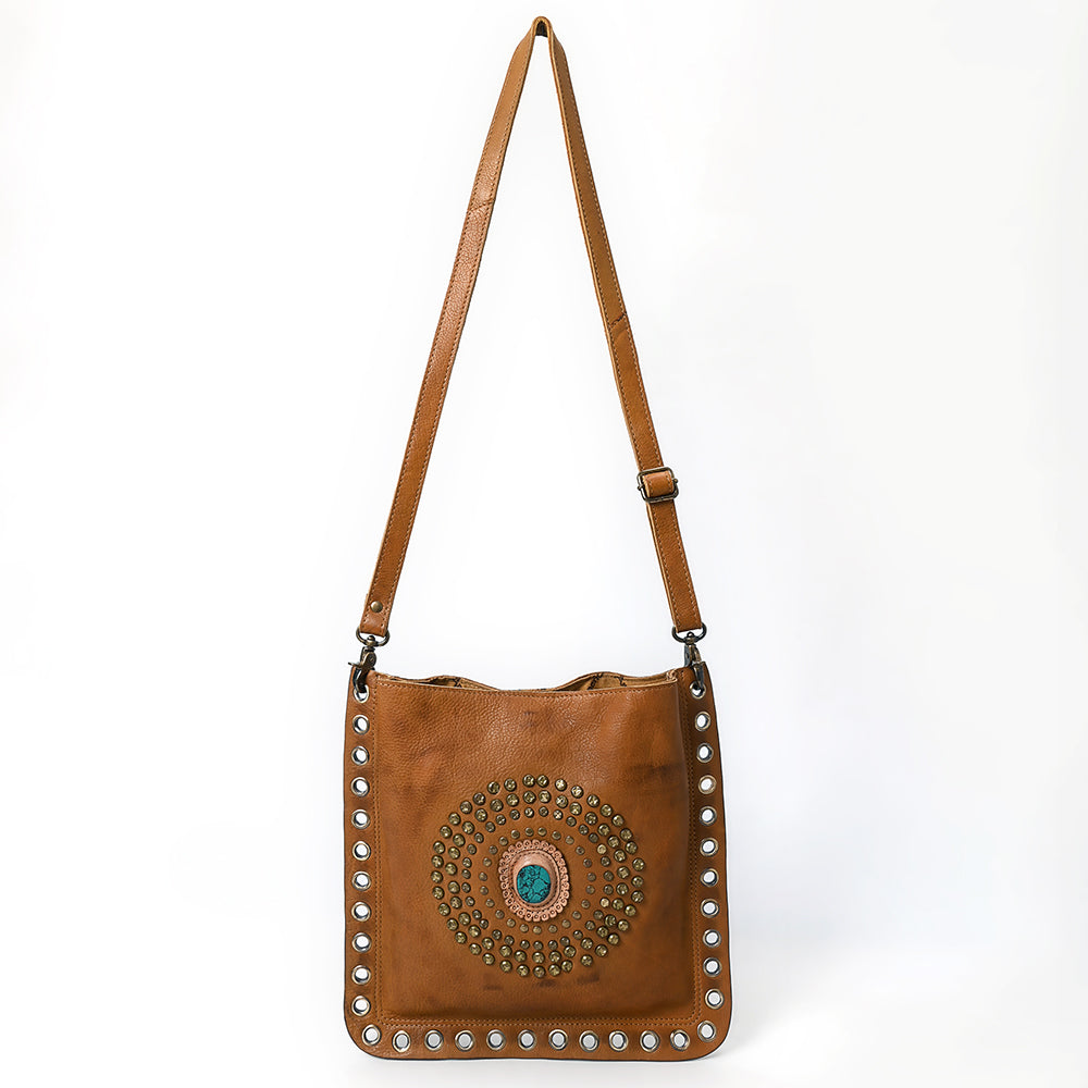 ADBGM353 Leather Crossbody Bag with Studded Circle & Turquoise Concho - Western Grommet Shoulder Purse