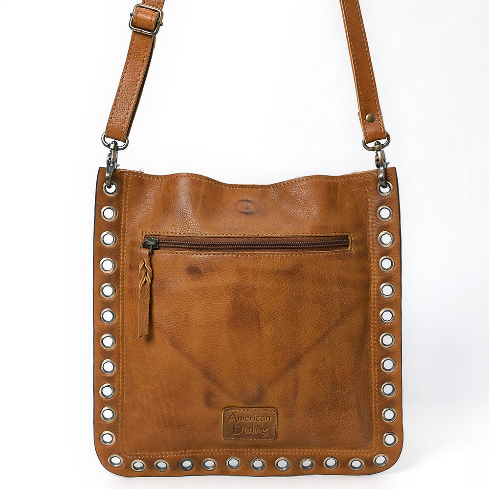 ADBGM353 Leather Crossbody Bag with Studded Circle & Turquoise Concho - Western Grommet Shoulder Purse