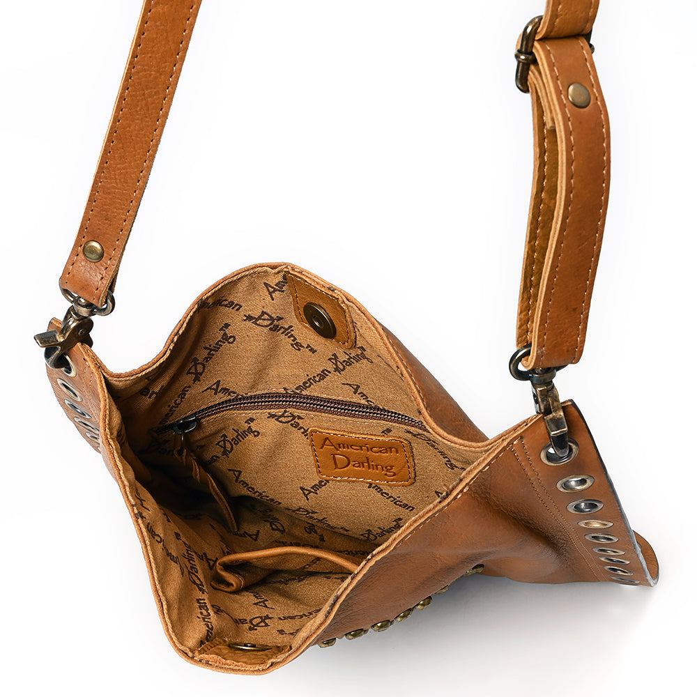 ADBGM353 Leather Crossbody Bag with Studded Circle & Turquoise Concho - Western Grommet Shoulder Purse