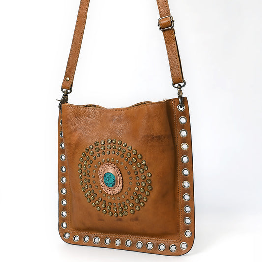 ADBGM353 Leather Crossbody Bag with Studded Circle & Turquoise Concho - Western Grommet Shoulder Purse