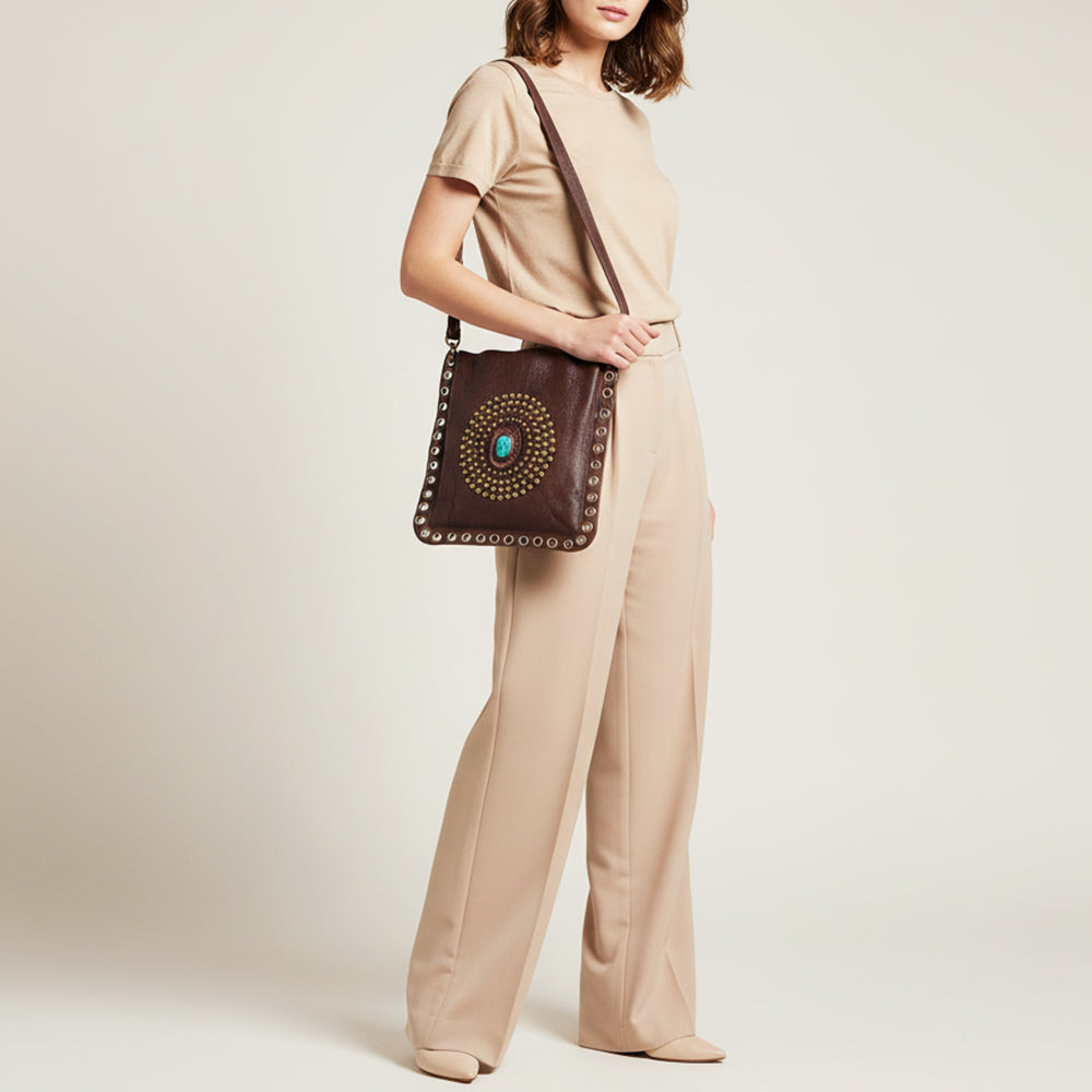 ADBGM353 Leather Crossbody Bag with Studded Circle & Turquoise Concho - Western Grommet Shoulder Purse