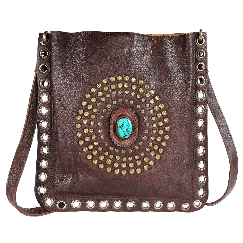 ADBGM353 Leather Crossbody Bag with Studded Circle & Turquoise Concho - Western Grommet Shoulder Purse