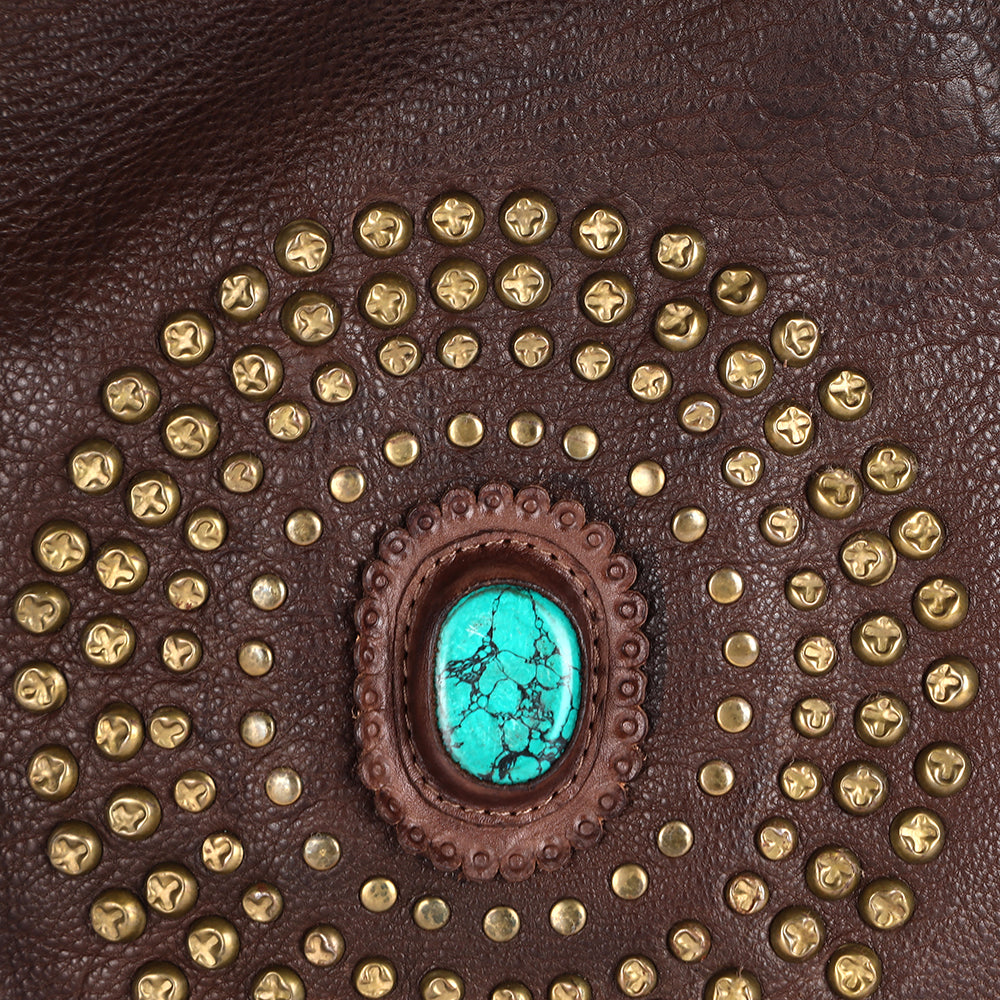 ADBGM353 Leather Crossbody Bag with Studded Circle & Turquoise Concho - Western Grommet Shoulder Purse