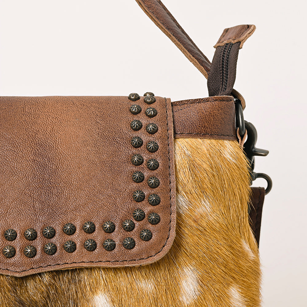 ADBG1212 American Darling Western Hair-On Cowhide Leather Shoulder Bag with Studded Flap & Adjustable Strap