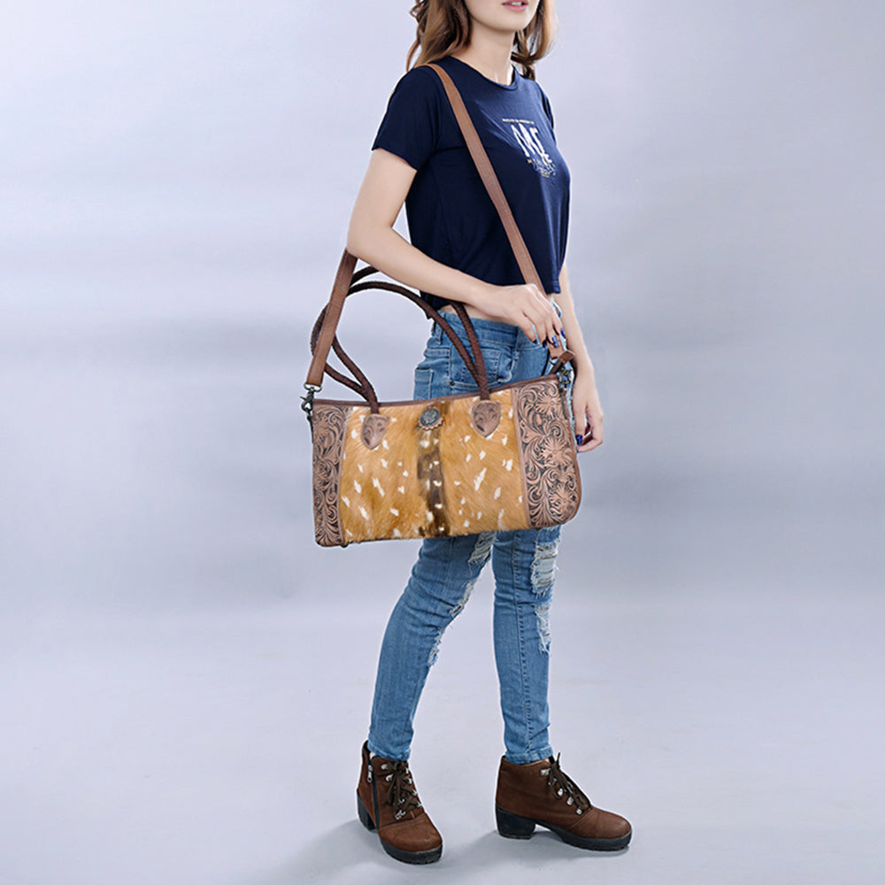ADBG1214 American Darling Western Hair-On Cowhide Tote Bag with Hand-Tooled Leather & Dual Carry Handles