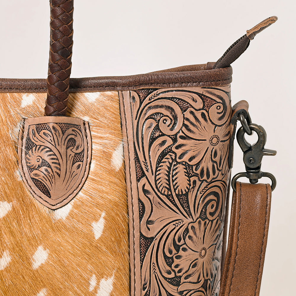 ADBG1214 American Darling Western Hair-On Cowhide Tote Bag with Hand-Tooled Leather & Dual Carry Handles