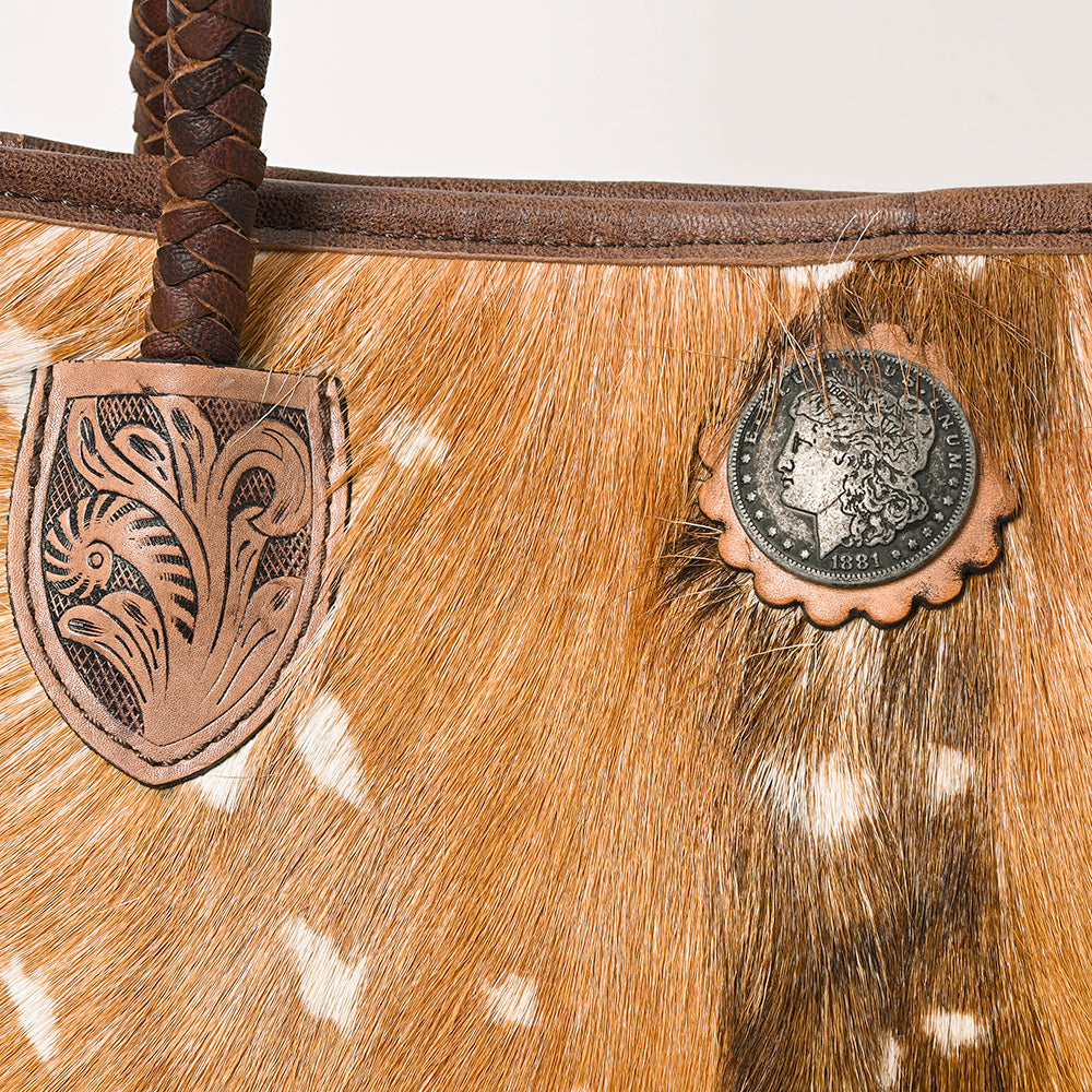 ADBG1214 American Darling Western Hair-On Cowhide Tote Bag with Hand-Tooled Leather & Dual Carry Handles