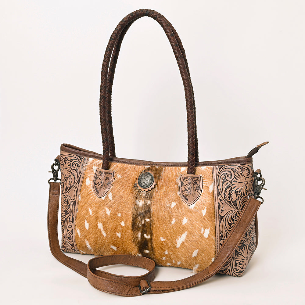 ADBG1214 American Darling Western Hair-On Cowhide Tote Bag with Hand-Tooled Leather & Dual Carry Handles