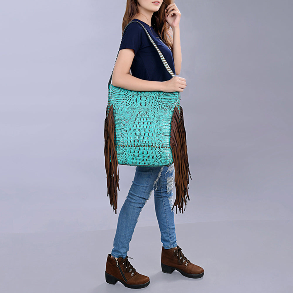 ADBG1216 American Darling Crocodile Embossed Genuine Leather Western Fringe Shoulder Bag