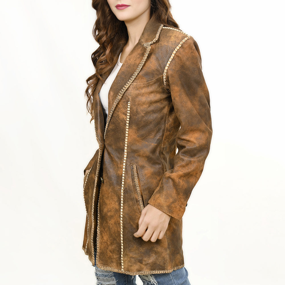 LC-ADJKT033 Women's Rustic Distressed Leather Blazer Coat & Beaded Accents