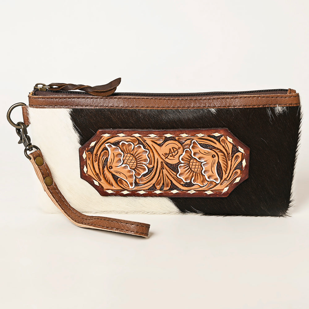 ADBG344 Hair-On Cowhide Wristlet with Tooled Leather Accent - Genuine Leather Western Clutch