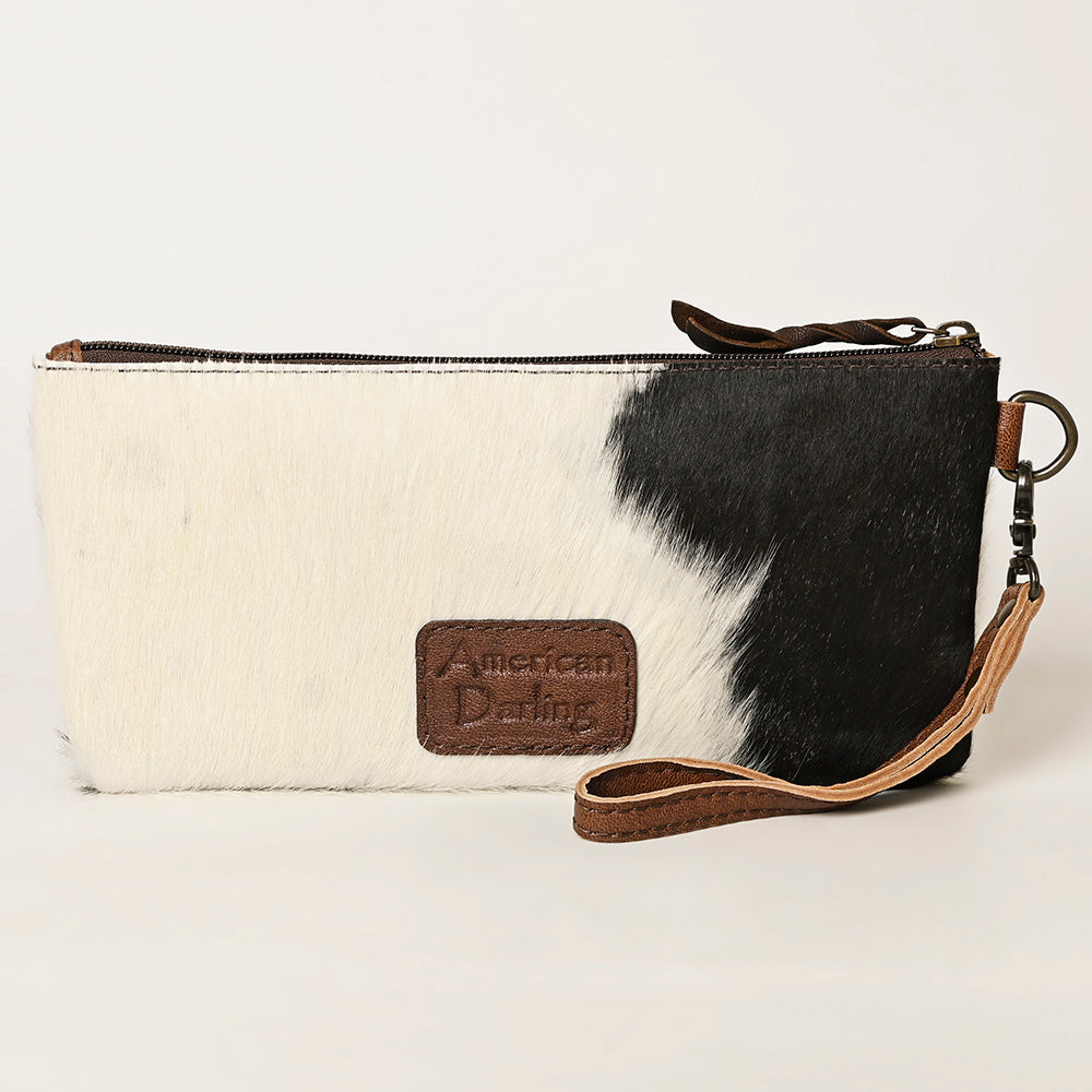 ADBG344 Hair-On Cowhide Wristlet with Tooled Leather Accent - Genuine Leather Western Clutch