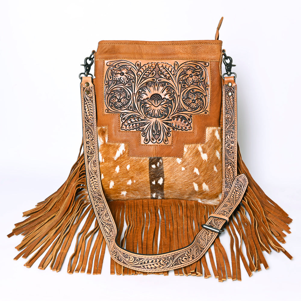 ADBG256 Tooled Leather & Cowhide Fringe Messenger Bag Western Boho Messenger by American Darling