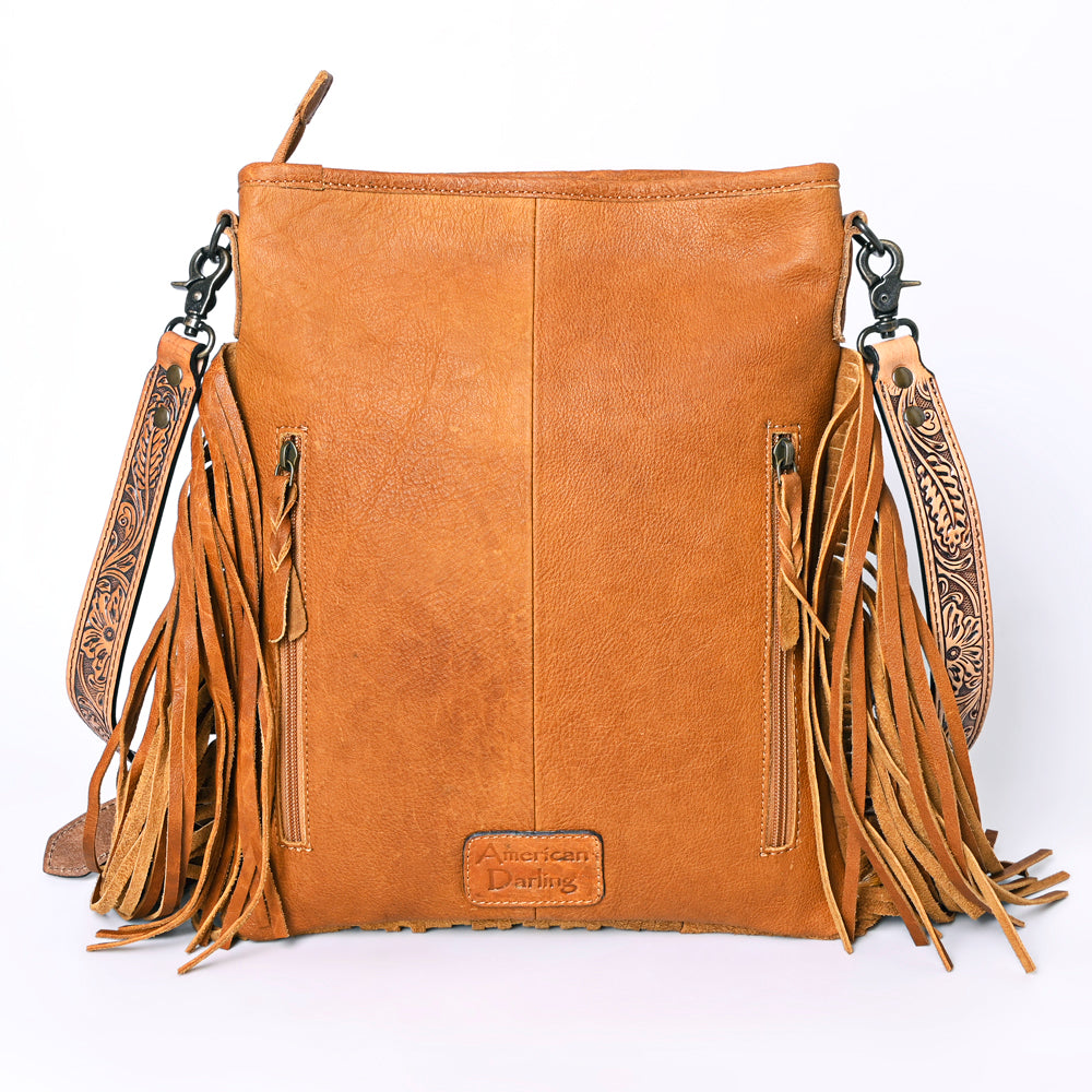 ADBG256 Tooled Leather & Cowhide Fringe Messenger Bag Western Boho Messenger by American Darling