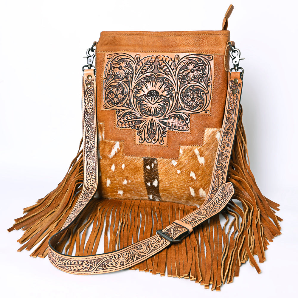 ADBG256 Tooled Leather & Cowhide Fringe Messenger Bag Western Boho Messenger by American Darling